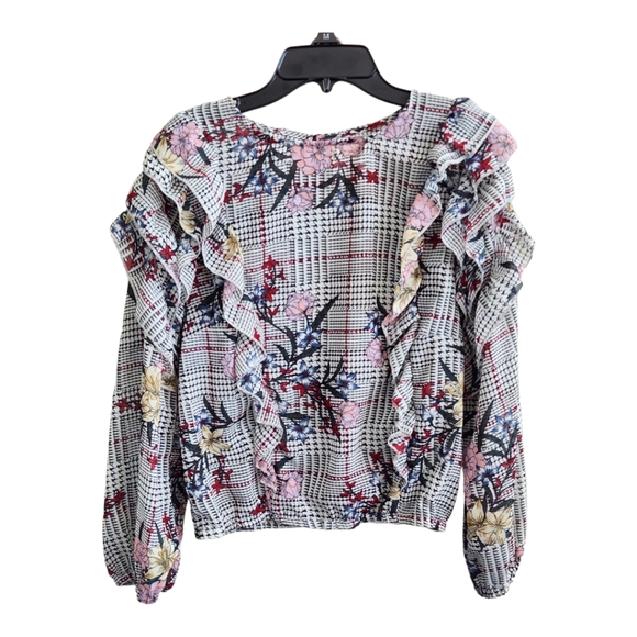 Truth Long Sleeve Floral & Plaid Blouse w/ Descending Ruffles juniors Size L - Picture 8 of 8